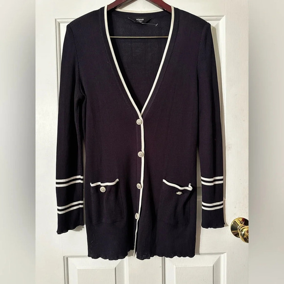 MISOOK Lg Collection CLEAN Navy White Nautical Lightweight Cardigan Scallop Hem - Picture 1 of 12